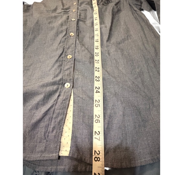 CHEMISTRY Blue Chambray Embroidered Crest Long Sleeve Button Up Shirt Size L - Picture 7 of 8